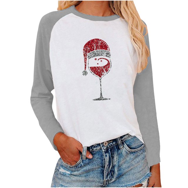Yuyuzo Chandails de Noël pour Femmes Manches Longues Col Rond Chandail en Molleton Bloc de Couleur Tunique Verre de Vin Rouge