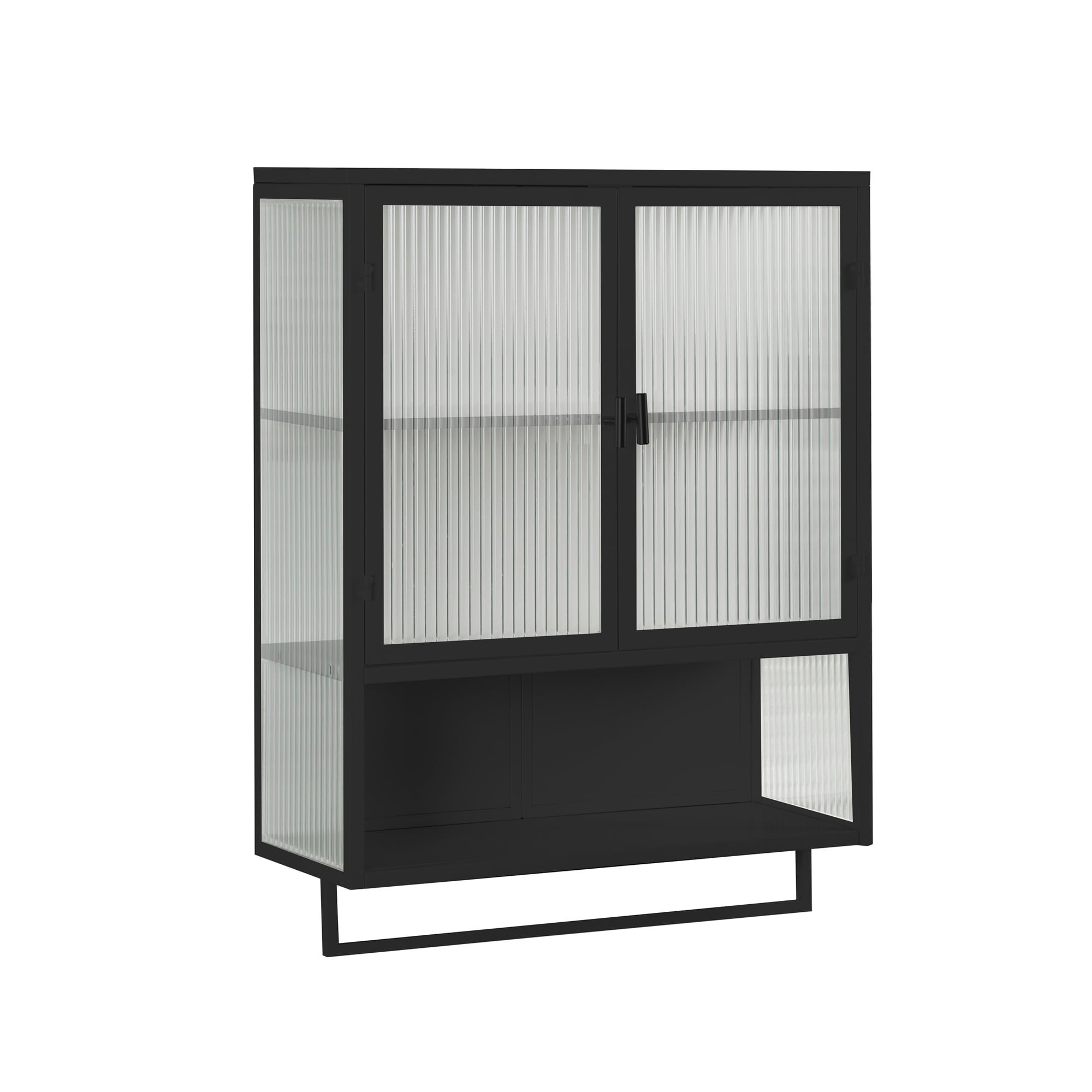 23.62"Wall Cabinet with Tempered Glass Doors, Bathroom Wall Storage Cabinet with Detachable Shelves for Office, Dining, Living Room, Kitchen and Bathroom, Black