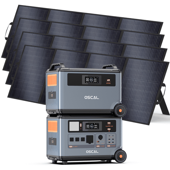 OSCAL 6000W Solar Generator with 4x200W Panel & Expansion Battery, 7.2kWh LiFePO4 Station 120V/240V Dual Voltage, 2200W Fast Charge, 14 Outlets, 5-Year Warranty for Home Backup