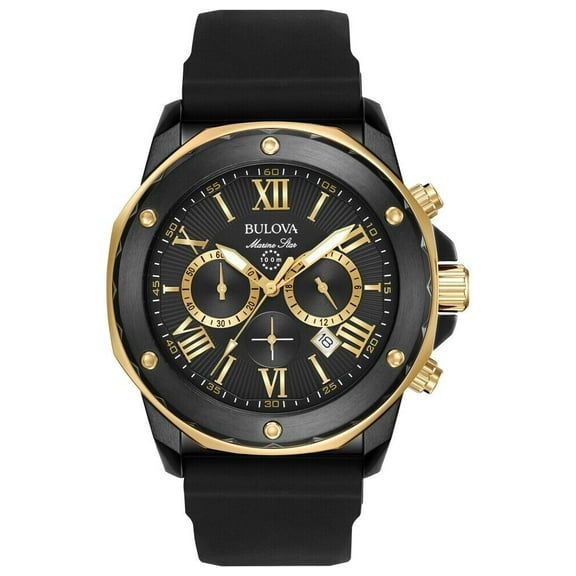 Bulova Marine Star 98B278 Black IP Gold Tone Steel Rubber Quartz Men's Watch