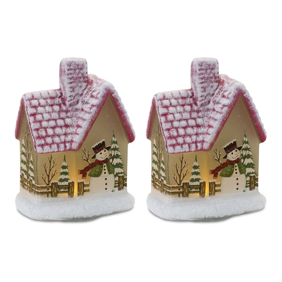 Melrose International LED Lighted House with Snowman (Set of 2)