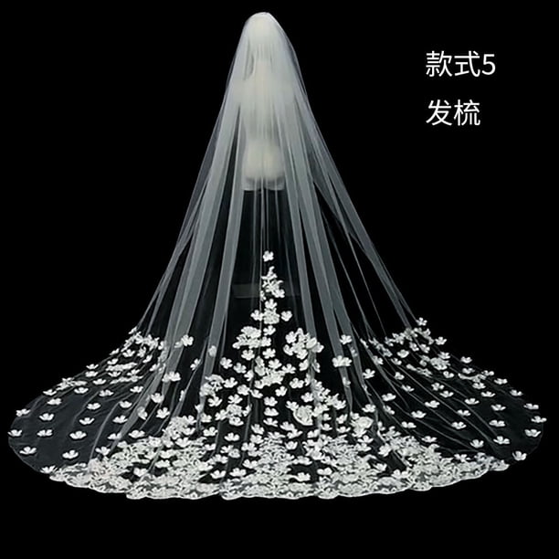 Zhuge Velos de novia de color blanco marfil con borde de encaje, largo tipo catedral, velo de novia con peine para mujer, 137,8 x 118 pulgadas, D