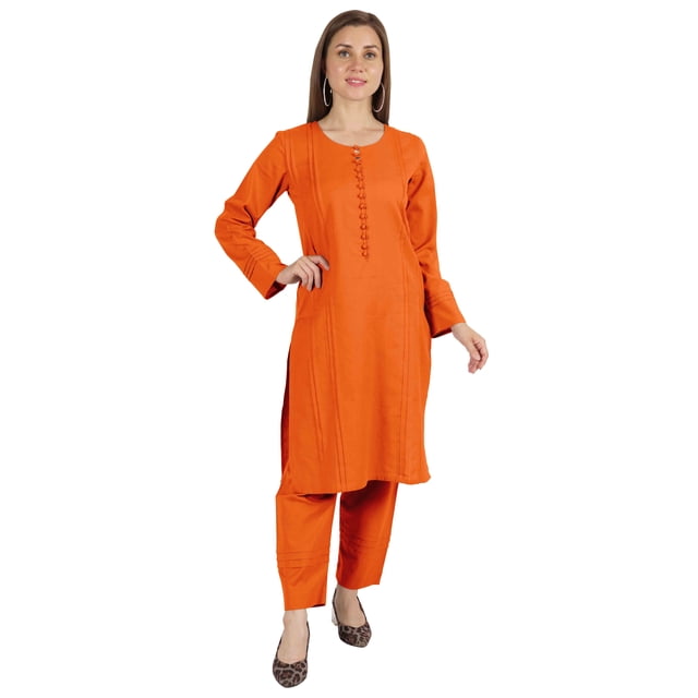 Moomaya Ensemble Kurta-Pyjama Uni pour Femmes Ensemble Ethnique Manches Longues Vêtements Indiens Formels en Coton