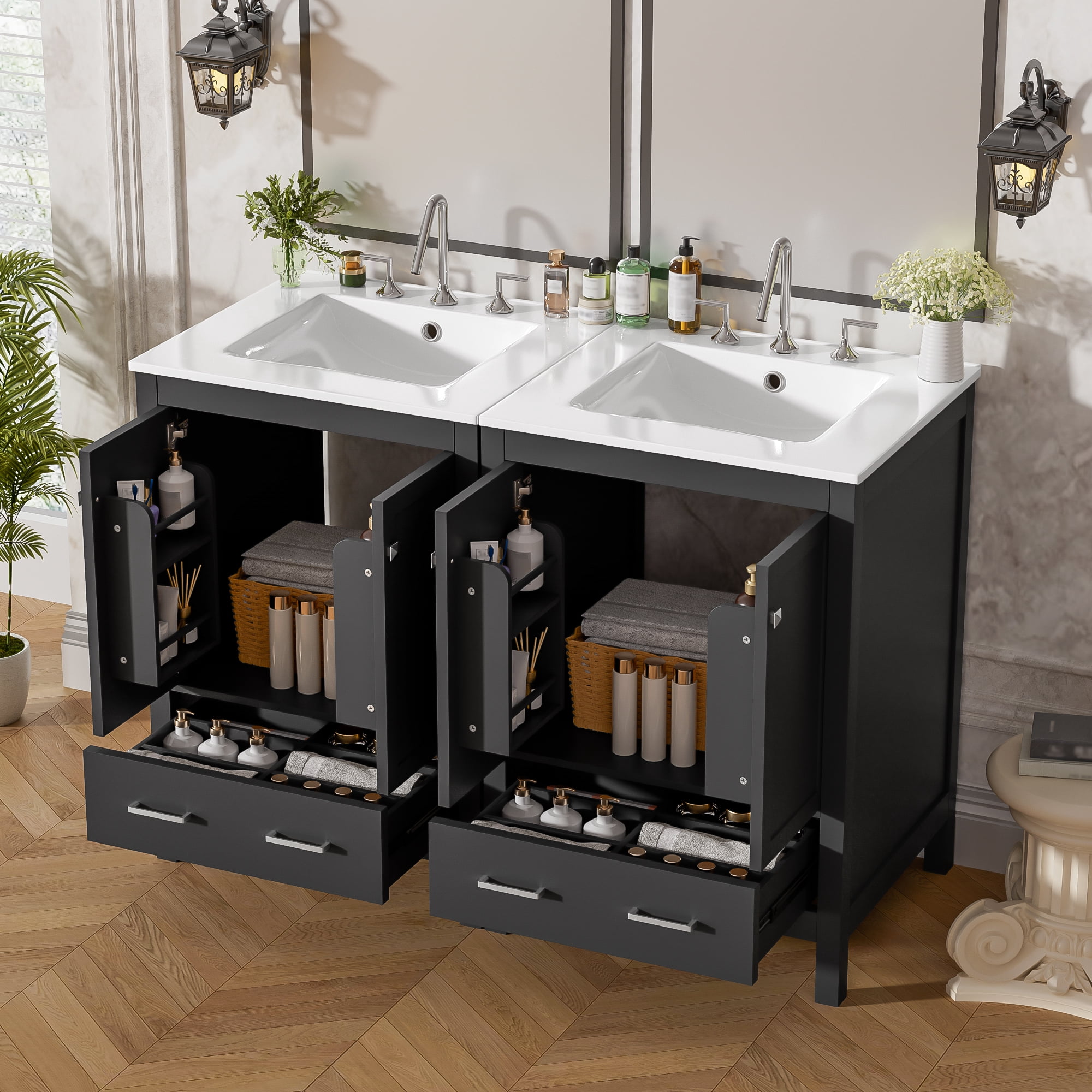 Euroco 48-Inch Bathroom Vanity with Integrated Undermount Sink, Storage Cabinet, Soft-Close Doors, Divided Drawer, and Double-Layer Door Shelf for Versatile Storage