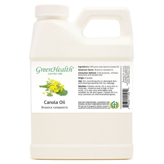 Canola Carrier Oil - 16 fl oz - White Plastic Jug w/ Cap - 100% Pure Carrier Oil - GreenHealth