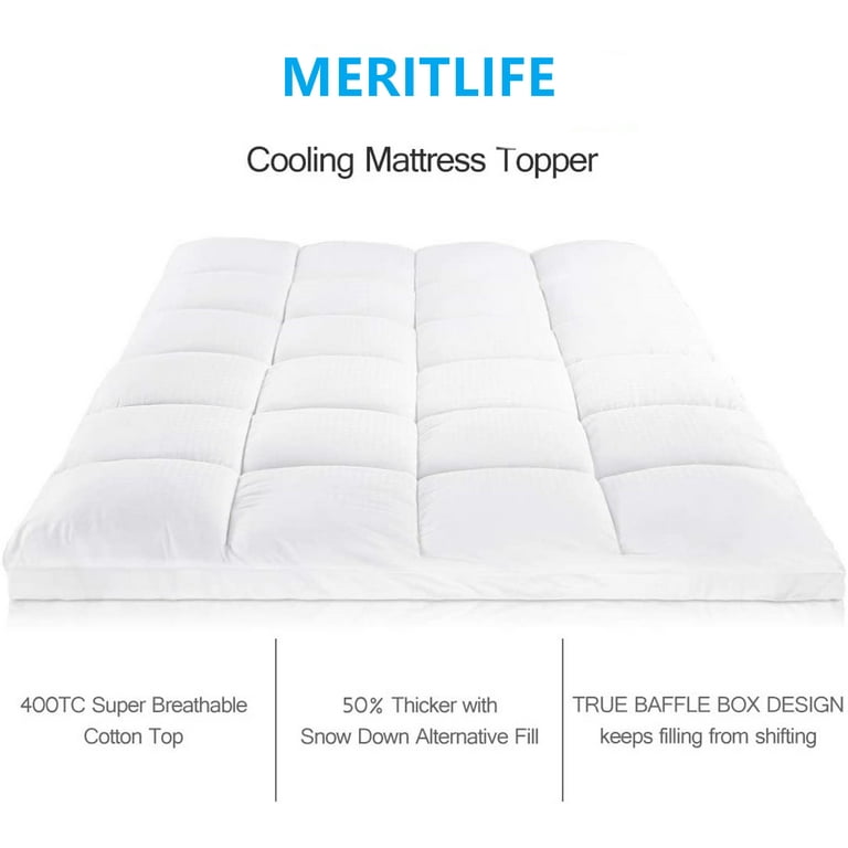 MERITLIFE Waterproof Mattress Pad,400TC 100% Cotton Cooling Mattress Topper  Cover Extra Thick Down Alternative Pillow Top Cooling Bed Topper and Hotel