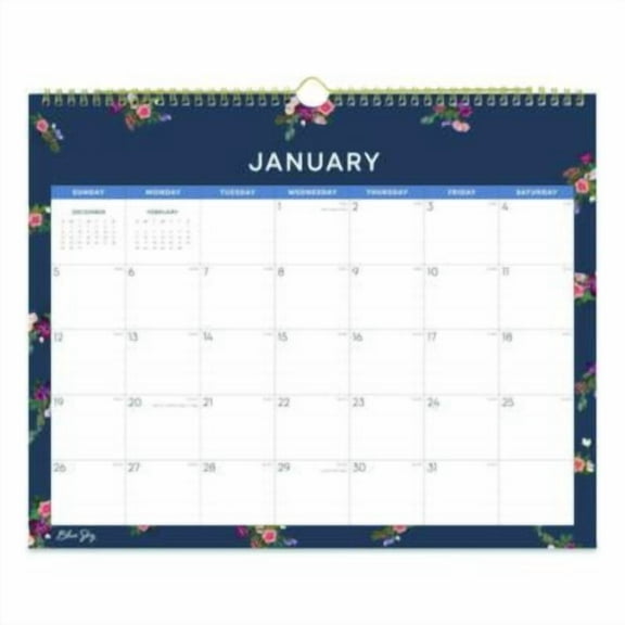 15 in. x 12 in. 12-Month (Jan to Dec): 2026 Ashlyn Monthly Wall Calendar - Floral Artwork, White/Blue/Pink Sheets