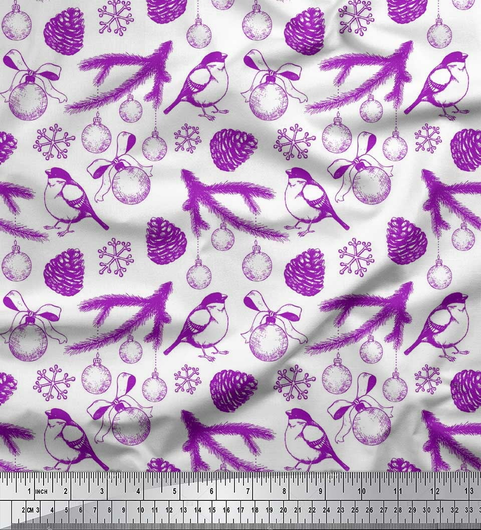 Soimoi Purple Heavy Satin Fabric Spruce Leaves, & Baubles Christmas Print Fabric by the Yard 54 Inch Wide