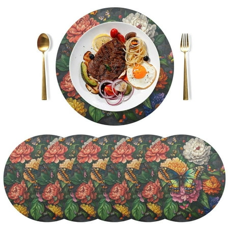 

Qxltty 15inch Round Placemats Set of 6 Polyester Fabric Heat Resistant Washable Table Mat for Kitchen Party Decor Peony Butterfly Paintings