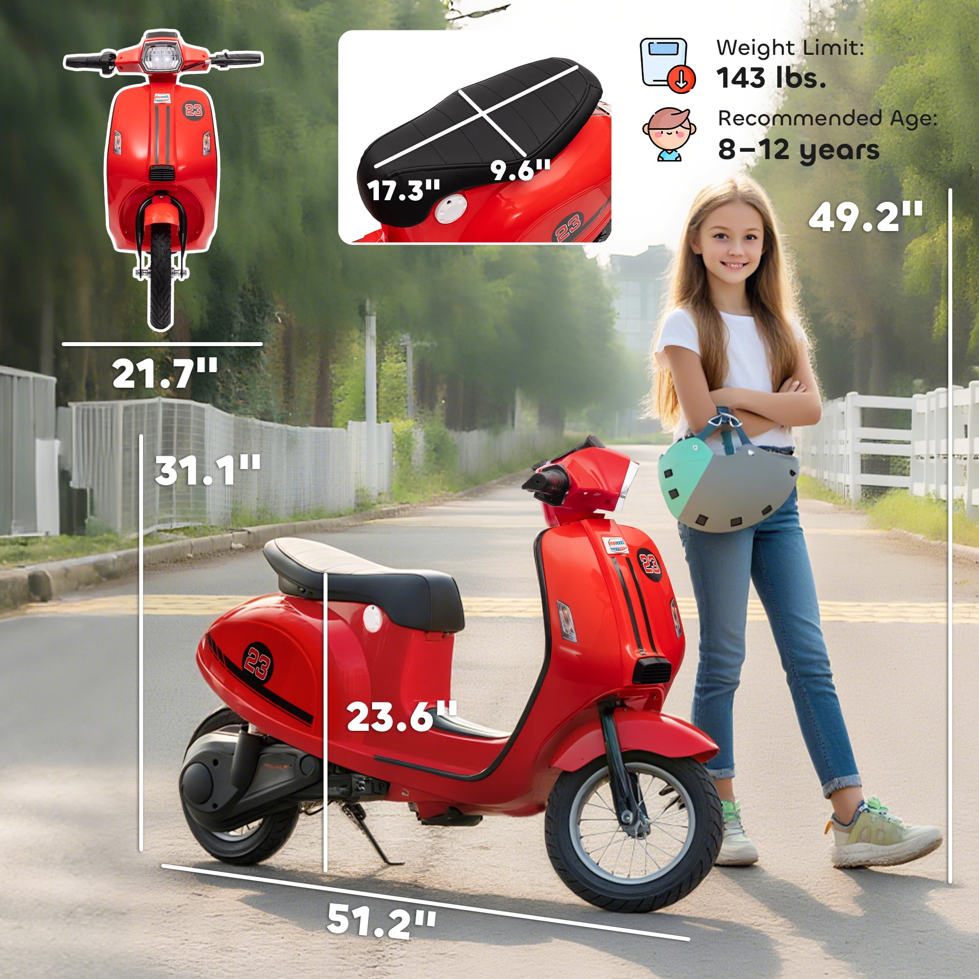Qaba Kids Motorcycle, 24V Electric Motorcycle with Rear Suspension, LED Lights, Ride On Toy with 3-Speed Control for 8-12 Years Boys and Girls, Red