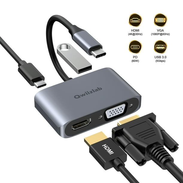 Qwiizlab USB C HDMI VGA Adapter, 4K UHD Video Converter, USB 3.0 Data