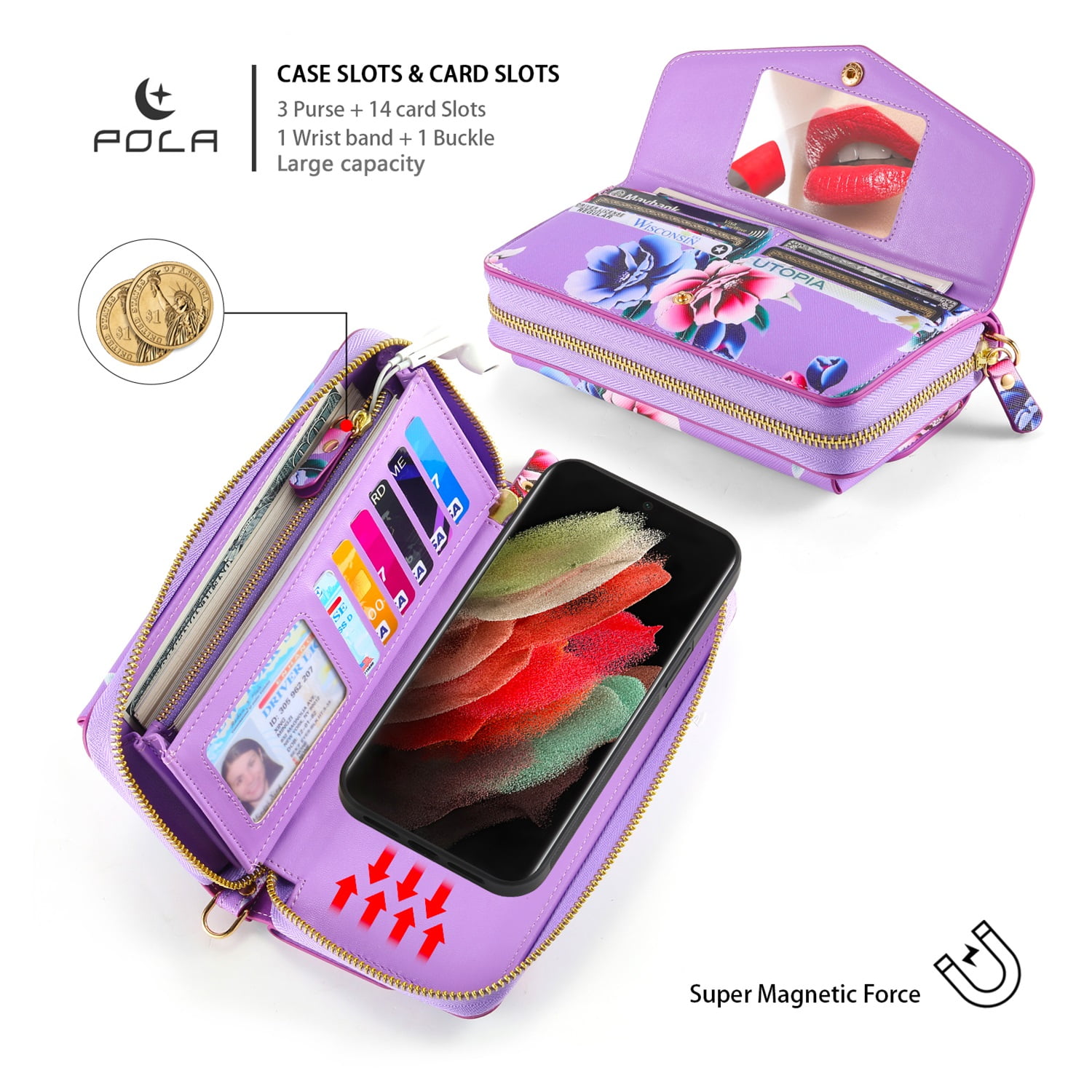 SaniMore Magnetic Detachable Wallet Case for Samsung Galaxy S22 Ultra, Flower Pattern RFID Blocking Cover Support Wireless Charging Card Slot Shoulder & Wrist Strap 360° Full Protective Shell, Purple