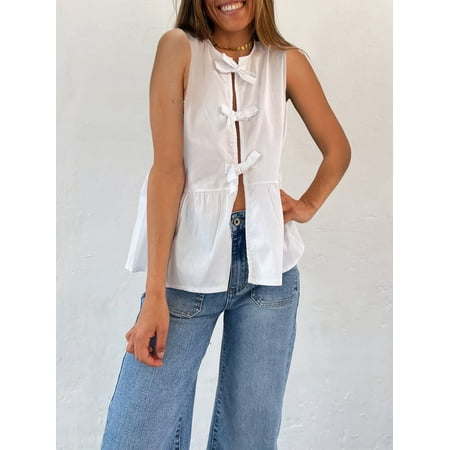Tie Front Sleeveless Tank Top for Women 2024 Summer Ruffled Hem Stripe Lace Up Vest Open Front Babydoll Vest Tops Streetwear
