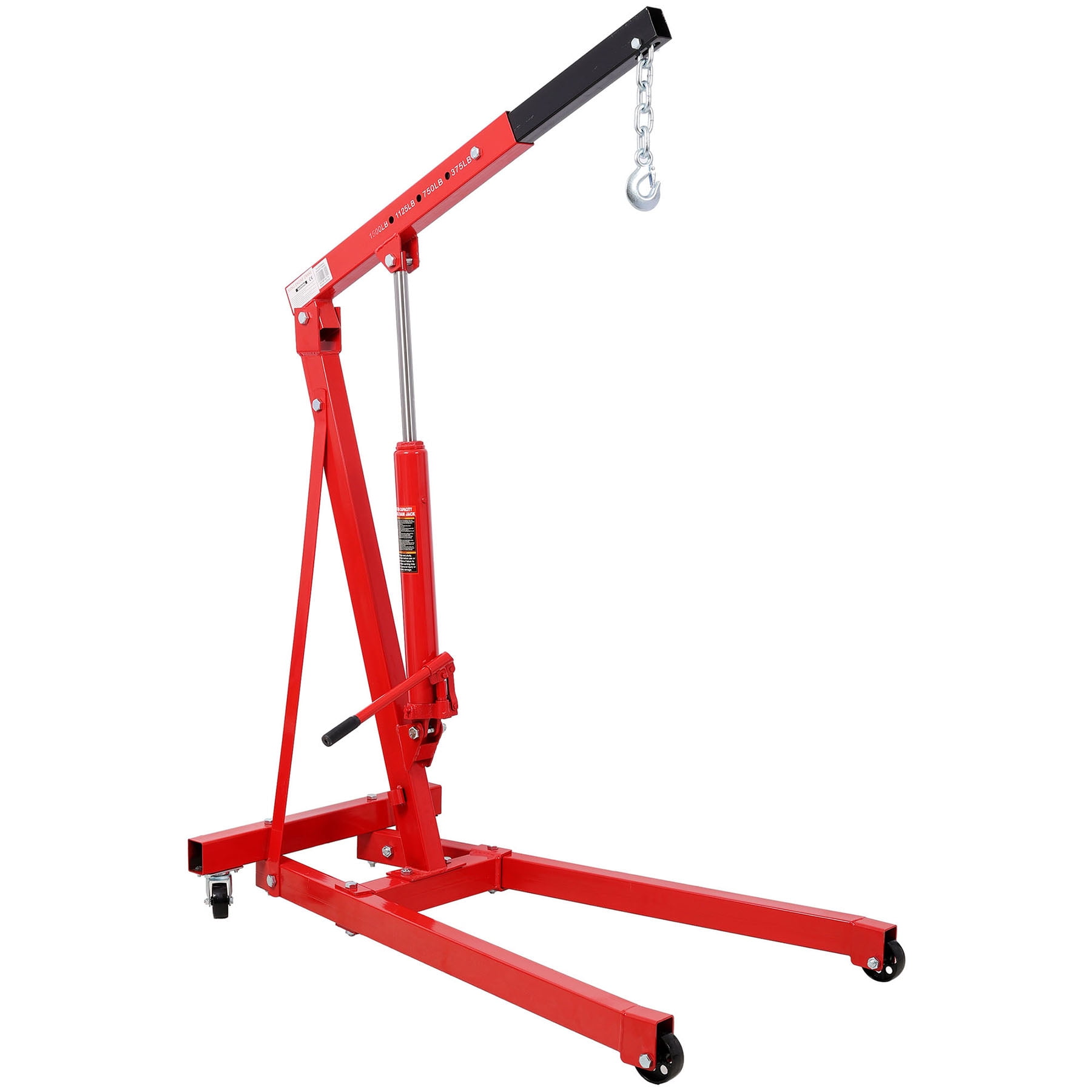 Red Engine Lift Hoist With 4 Iron Caster Wheels, 1500 Lbs Capacity Heavy-Duty Hydraulic Shop Crane