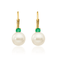 thumbnail image 3 of 14K Solid Yellow Gold 6mm White Round Freshwater Cultured Pearl Green Emerald Drop Dangle Earrings May Birthstone Jewelry, 3 of 10