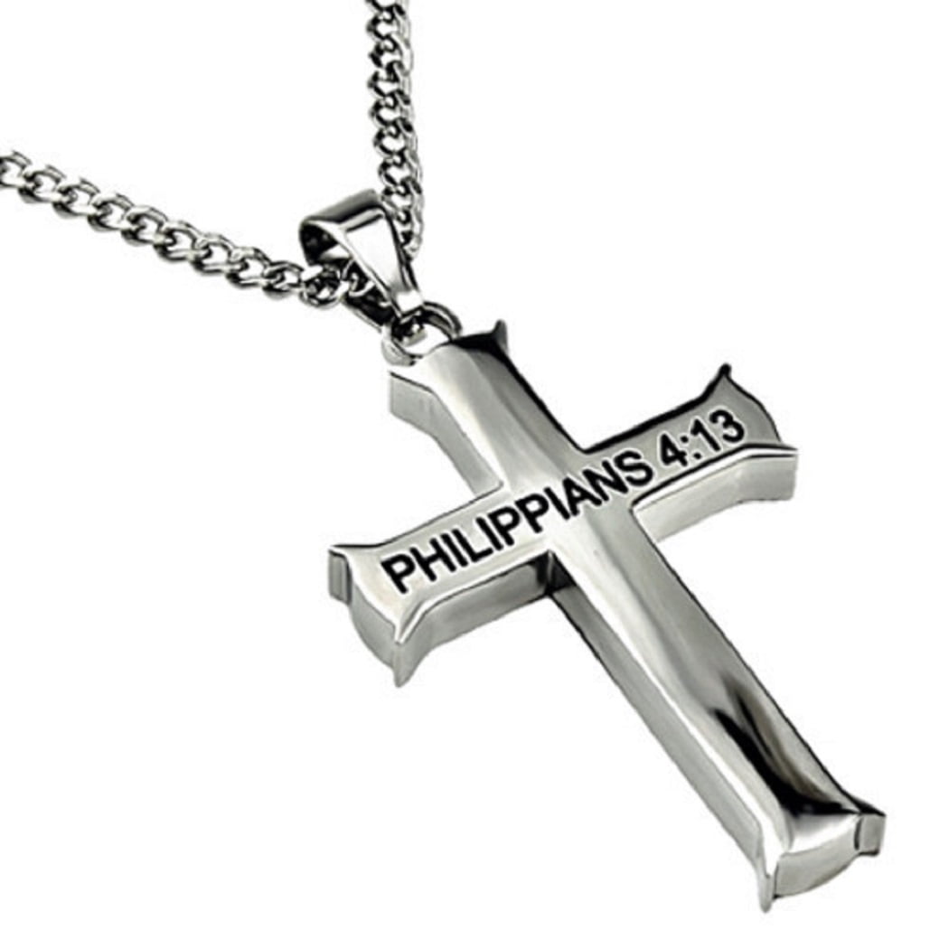 Philippians 4:13 Cross Pendant Strength Bible Verse Stainless Steel Necklace Snake Chain 22 in