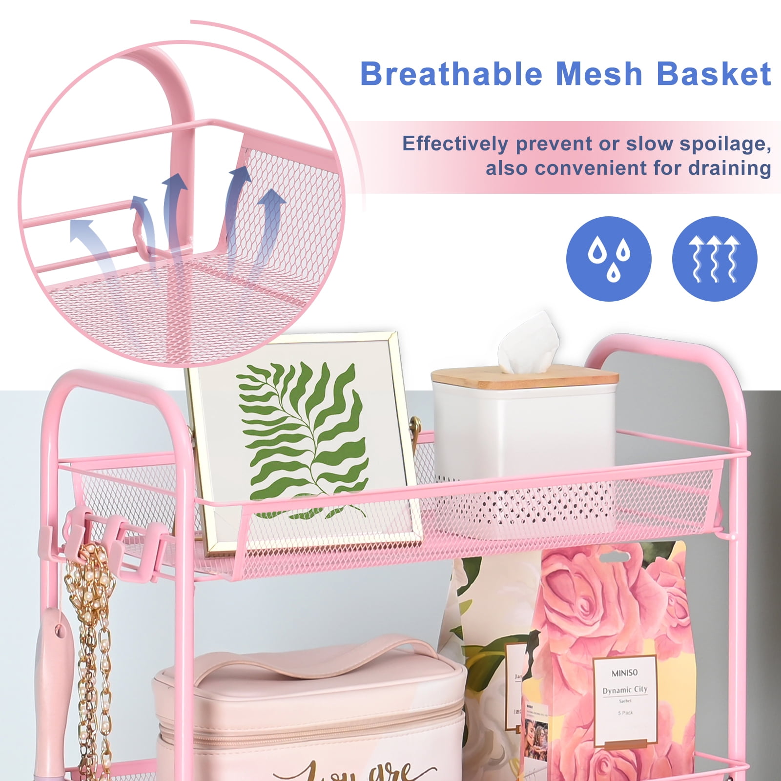 KK KINGRACK 3 Tier Rolling Cart Organizer, Mesh Cart with Wheels, Utility Cart for Office, School,Storage, Pink