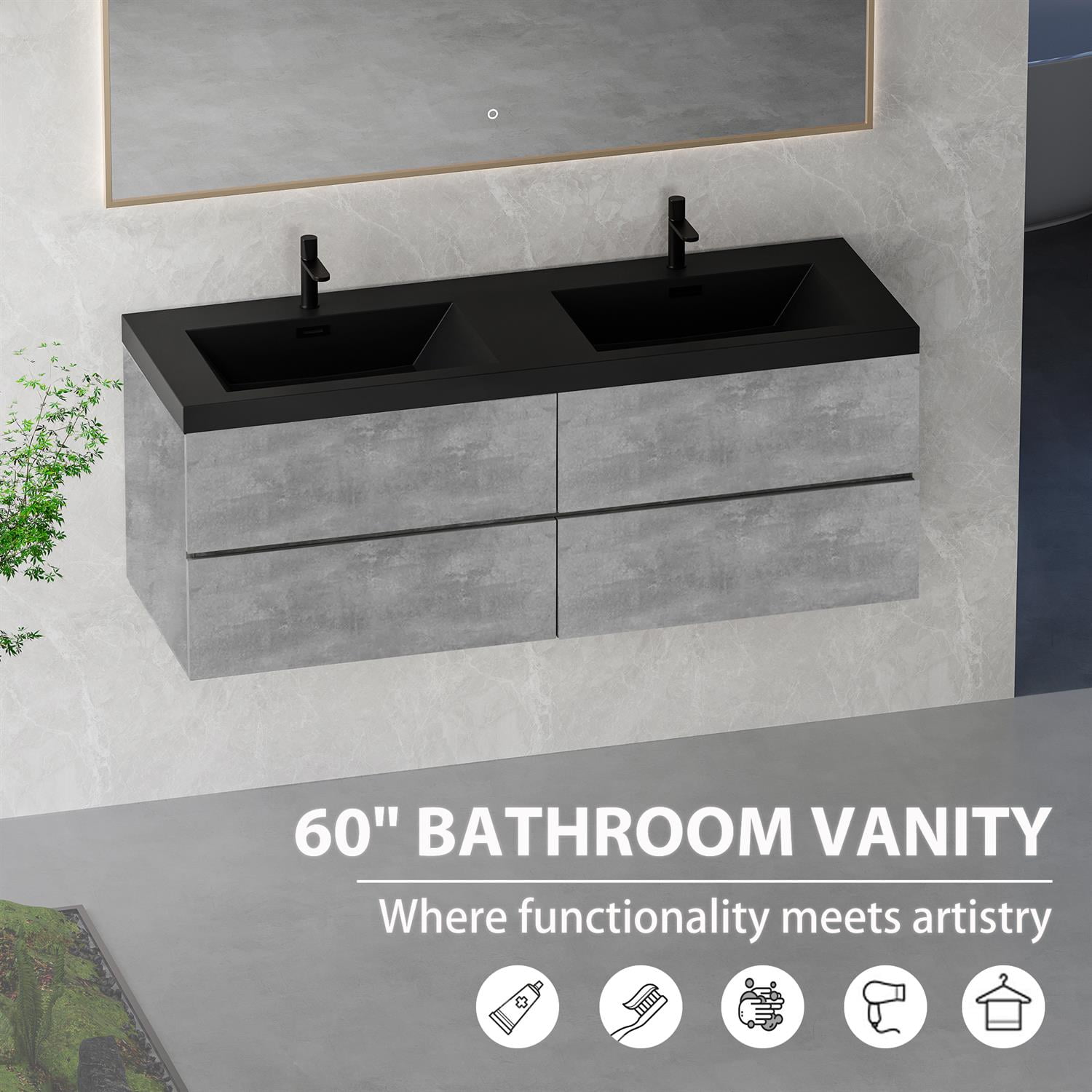 Demi Bonn 59" Floating Bathroom Vanity with Sink, Double Black Quartz Sand Top Basin and 4 Soft Close Drawers, Faucets and Drains Not Included, Gray