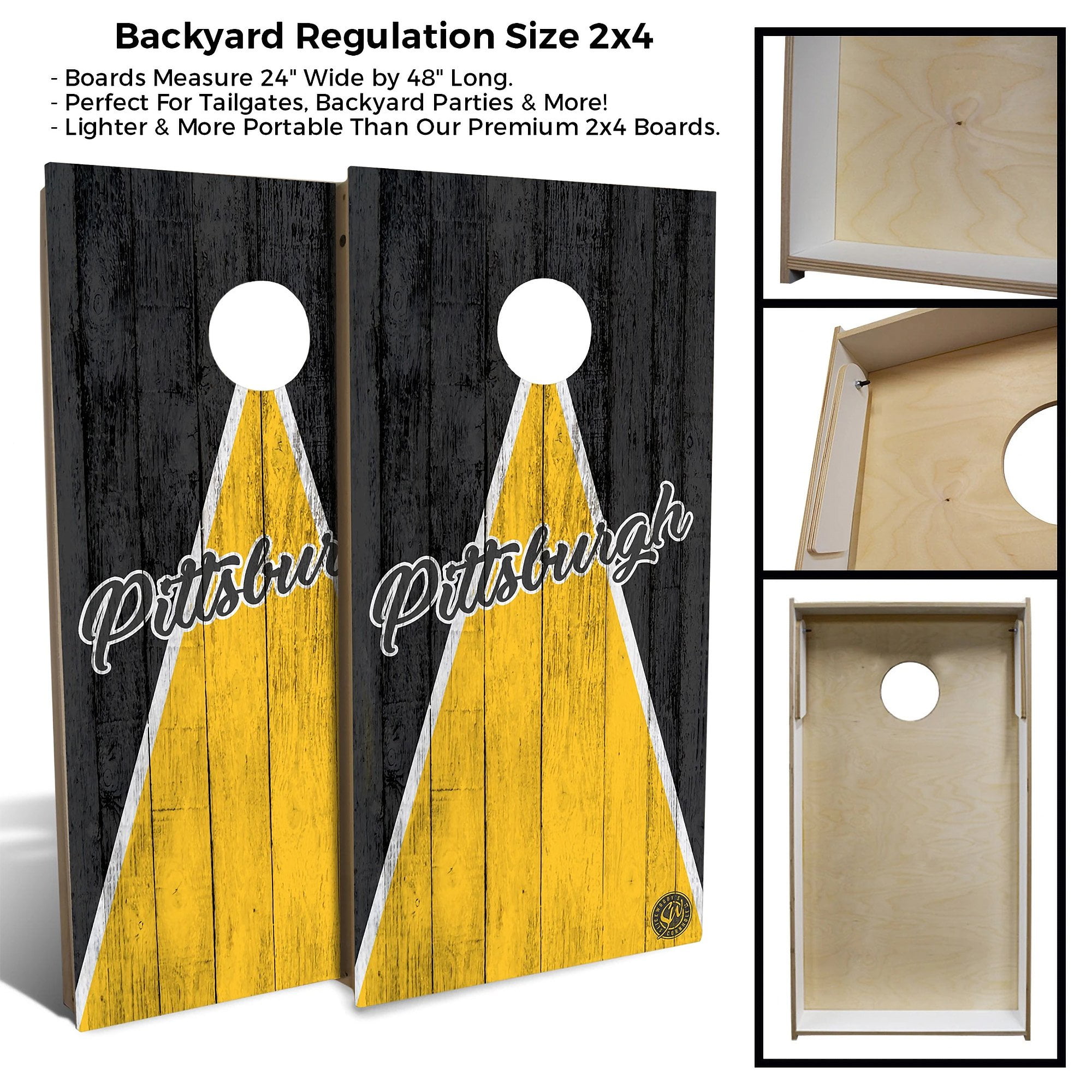 Skip's Garage Pittsburghをテーマにしたコーンホールボードセット-2 x 3 (24インチ×36インチのテイルゲートサイズ) -ボード2枚とコーン充填袋8枚が付属
