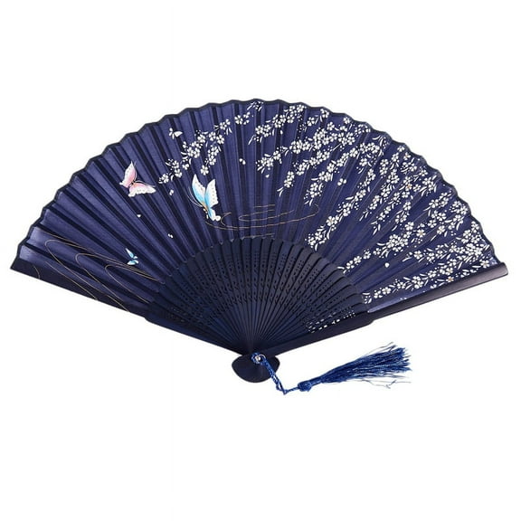 Folding bamboo lace hand fan, dark blue butterfly and white flower