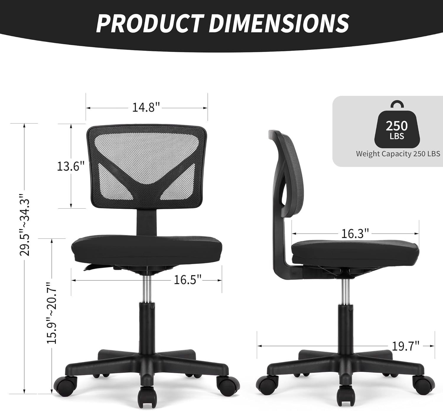 QUIOCOZY Armless Small Home Office Desk Chair, Ergonomic Low Back Computer Chair, Adjustable Rolling Swivel Task Chair with Lumbar Support for Small Space