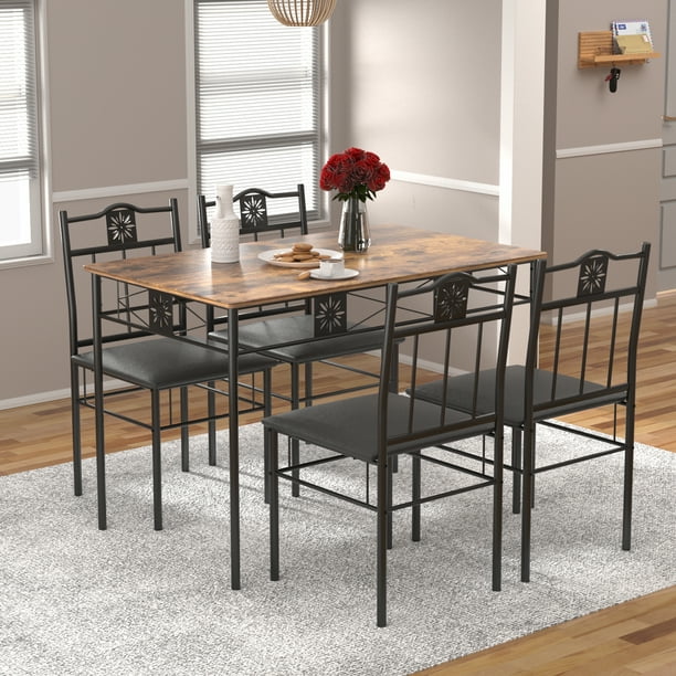 VECELO 5Piece Dining Set Wood Metal Table and 4 PU Cushion Chairs