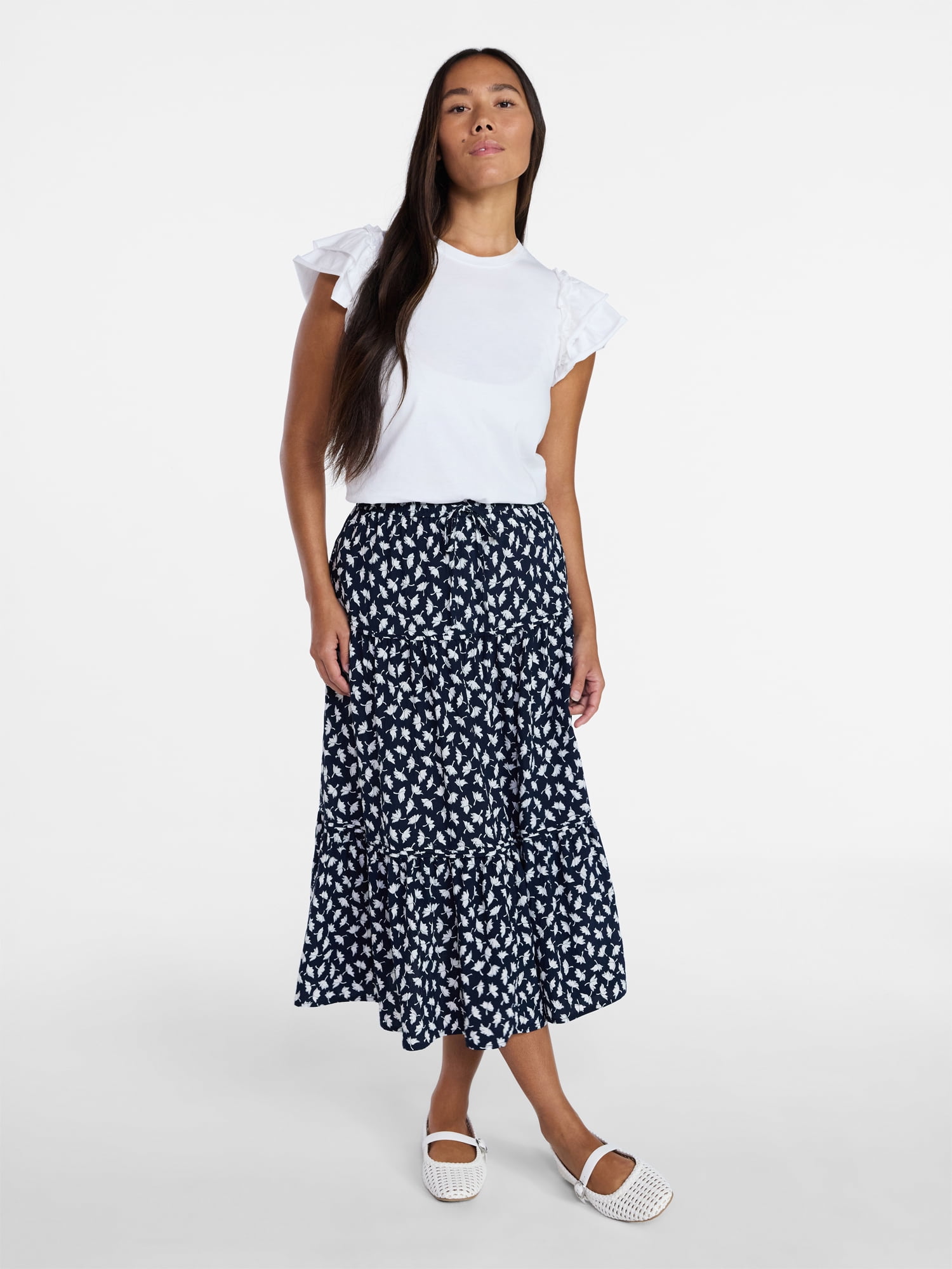 Time and Tru Women's Tiered Print Midi Skirt, Sizes XS -XXXL