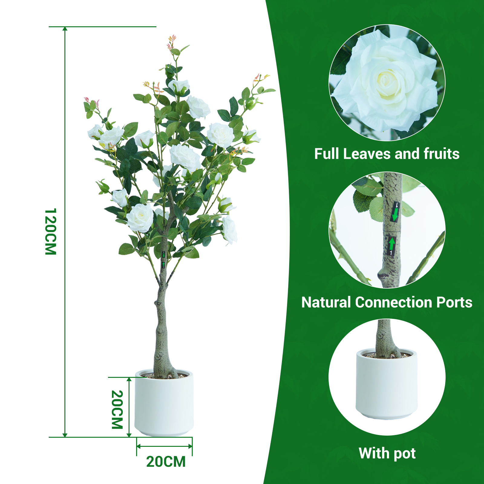 Lifelike & UV Resistant Artificial Rose Tree – 120cm Faux Plant with Silk Flowers & Plastic Leaves, White Pot, Easy Maintenance, Nordic Home/Office Décor