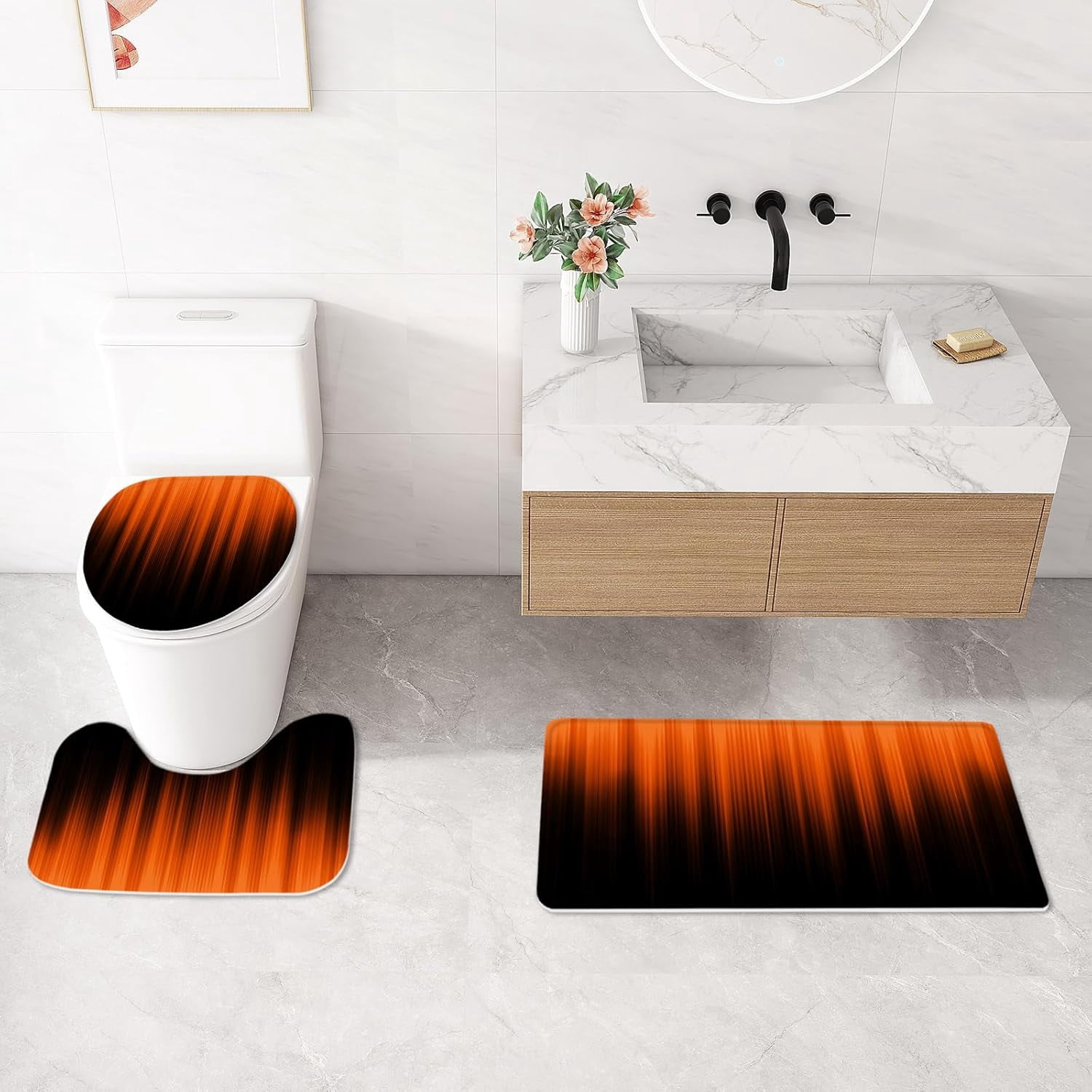 Red and Black Gradient Shower Curtain Set with Rugs and Toilet Lid Cover, Modern Simple Waterproof Fabric Bathroom Set, Ombre Stripe Gothic Abstract Bathroom Decor Set Accessories