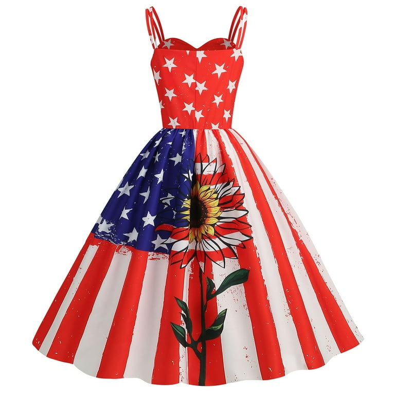 CBGELRT American Flag Pirnt Party Dress Sleeveless Suspender