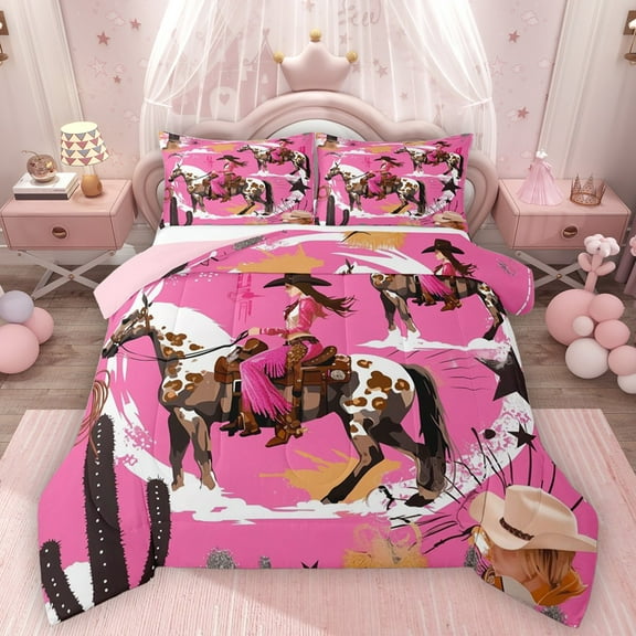 Homewish Female Girls Western Cowgirl Bedding Comforter Set 2pcs,Farmhouse Horse Twin Comforter Sets Microfiber,Southwestern Old Fashion Breathable Bedding Set,Microfiber Bedroom Decor,Reversible