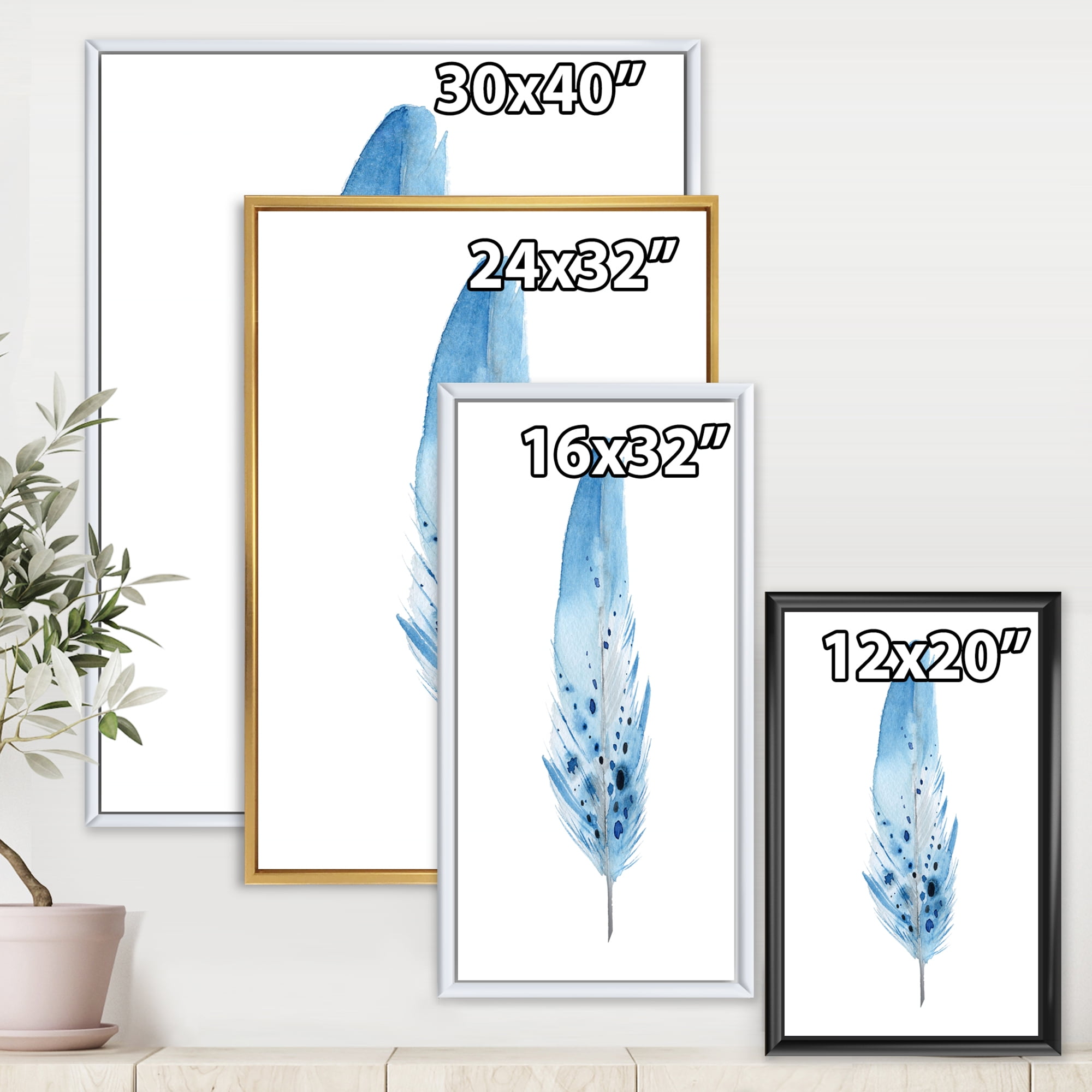 Designart 'Abstract Blue Boho Feathers' Bohemian & Eclectic Framed Canvas Wall Art Print