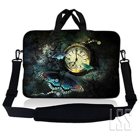 LSS 10 inch Laptop Sleeve Bag Compatible with Acer, Dell, HP, Sony, MacBook, Carrying Case w/ Handle and Strap - Clock Butterfly