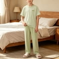 thumbnail image 2 of CHEEREAM Boys 2 Piece Sets Striped Short Sleeve T Shirt & Long Pants Outfit Casual Loungewear Nightwear Home Rest Comfortable Clothes For Kids, 2 of 8