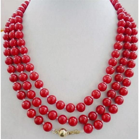 K-KED natural 8mm red coral round gemstone beads necklace 48" Gold Clasp AA