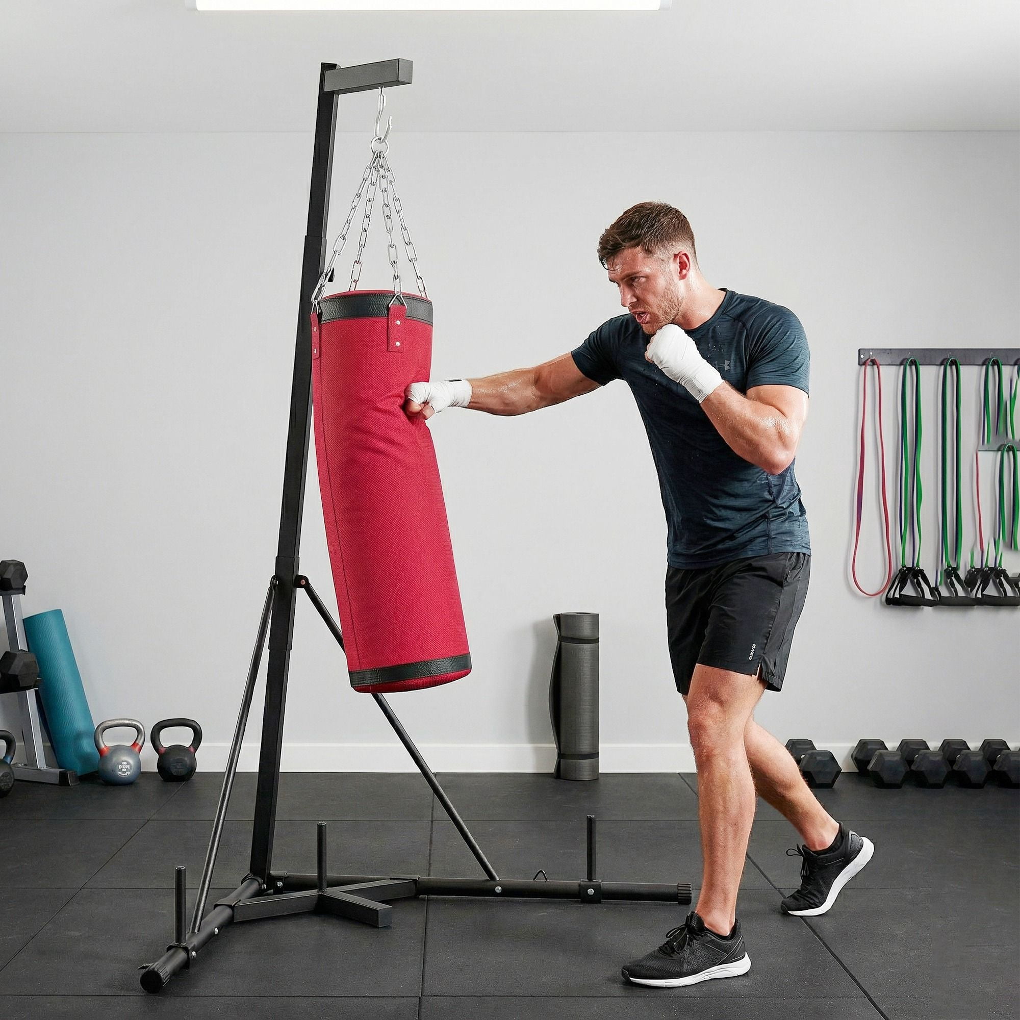 Dranite Speed Bag & Stand Combo, 72.8"-90.9" Adjustable Freestanding Punching Bag Set with Canvas Heavy Bag, Red