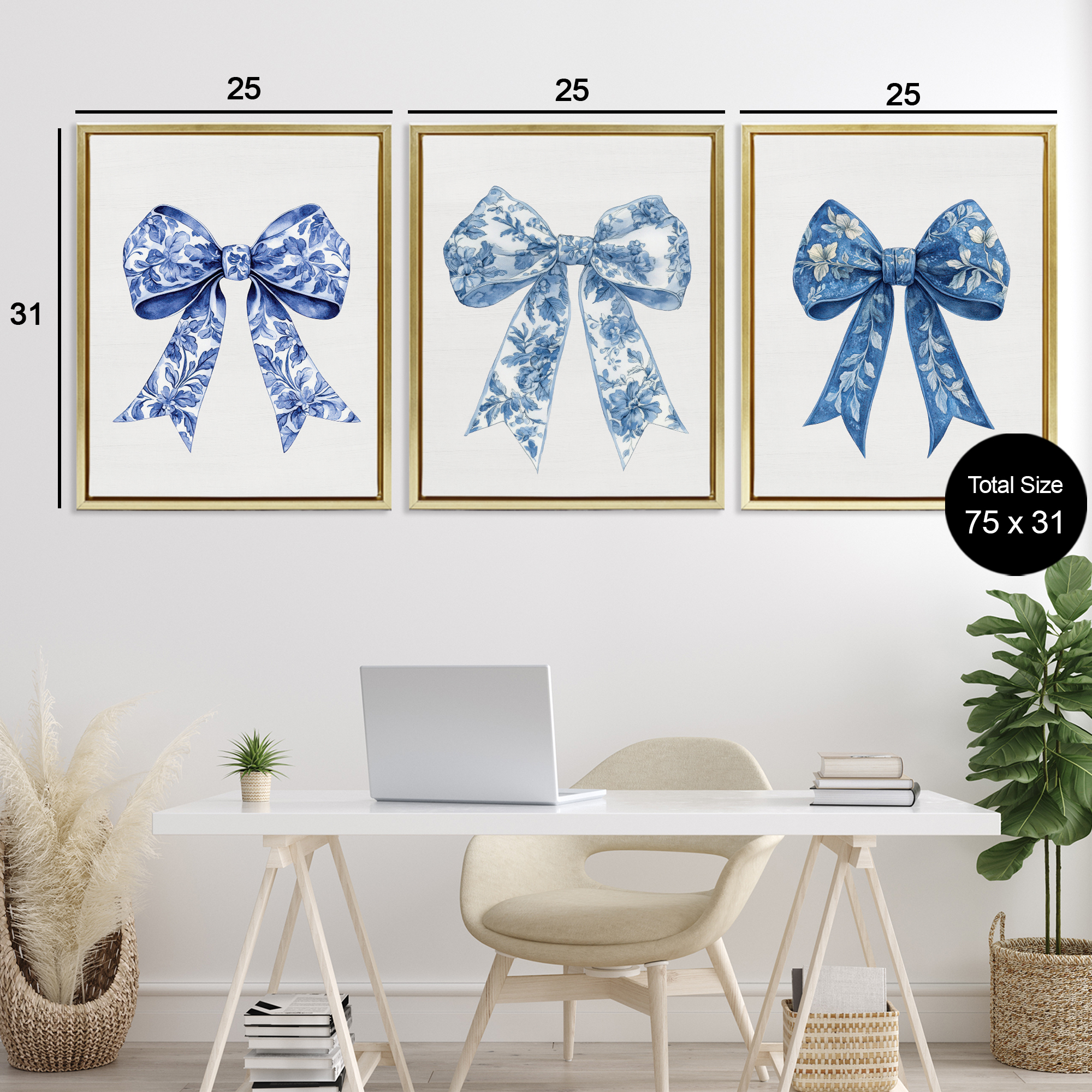 Vintage Toile Pattern Bows 3 Piece Gold Framed Floater Canvas Set, design by Lettered and Lined