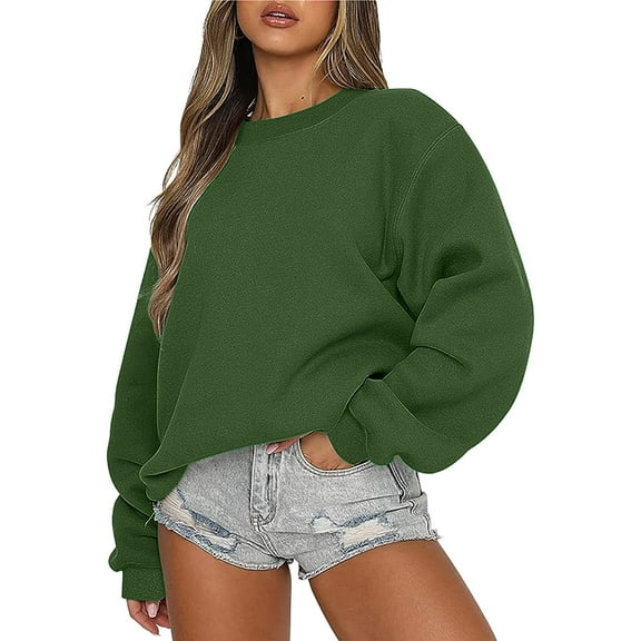 VANLOFE Women's Solid Color Long Sleeve Sweatshirt Round-Neck Sweatshirt for Women Women's Washed Warm Green Sweatshirt S