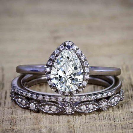 Cut Antique Look Ring - Affordable 2.50 Carat Pear cut Moissanite and Diamond Antique Wedding Trio Ring Set in Black Gold