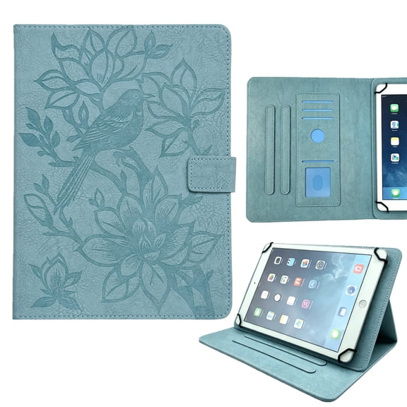 ELEHOLD PU Leather Embossed Floral Pattern Leather Folio Kickstand Case with Card Slots For Universal 8-inch/7-inch Tablet,Blue