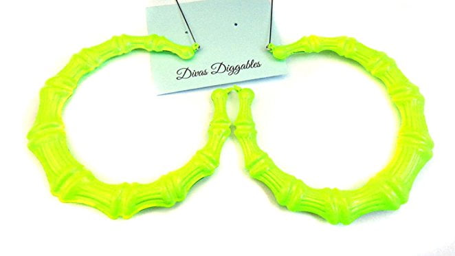 Divas Diggables - Large Neon Yellow Bamboo Hoop Earrings 3.5 inch