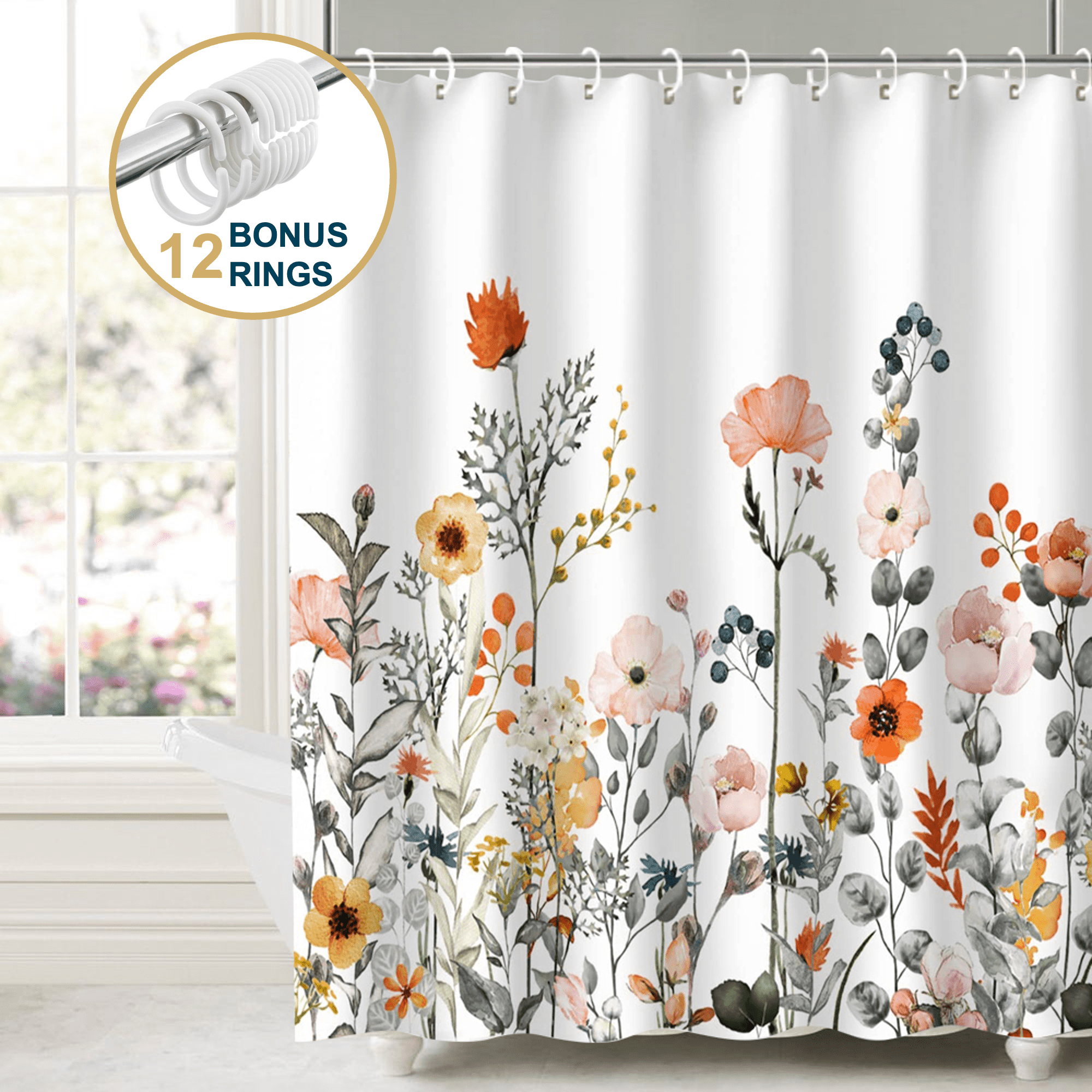 ComfiTime Floral Shower Curtain with Hooks HeavyDuty Mold/Mildew