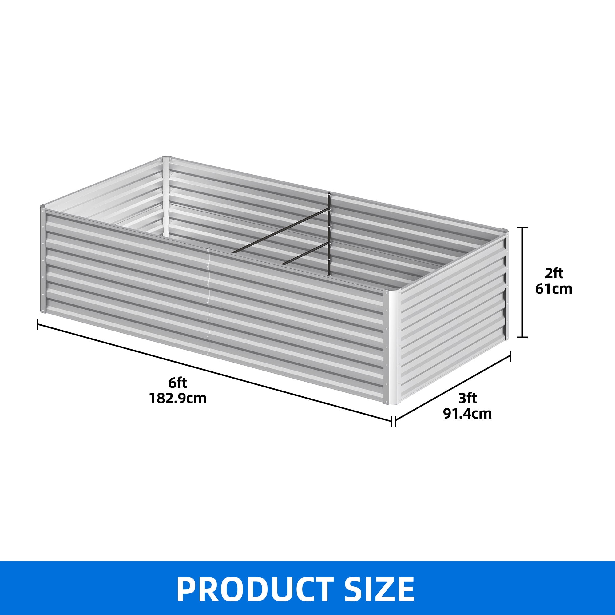 Uforic 6x3x2 ft Galvanized Raised Garden Bed Kit, Silver Metal Planter Box with Gloves, Ground Nails & Support Rod, Outdoor Above Ground Planter for Vegetables, Flowers, Plants