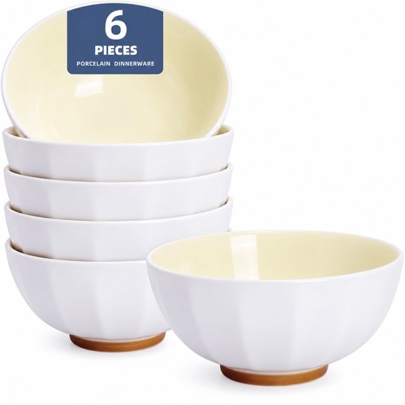Anveena Porcelain Bowls Set of 6, 24 oz Cream Yellow Cereal and Soup Bowls for Rice, Pasta, Salad, Oatmeal, Microwave Dishwasher Safe