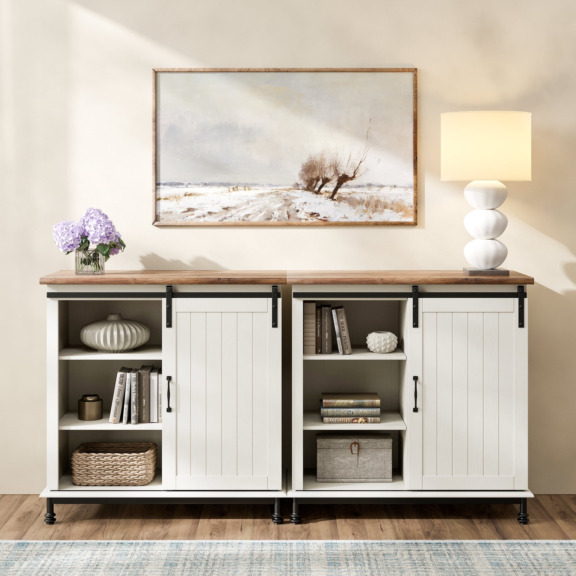 WAMPAT 70" Farmhouse TV Stand with Sliding Barn Door, Modern Entertainment Center for Living Room, Storage Buffet Cabinet, Accent Cabinet Entryway Storage Table