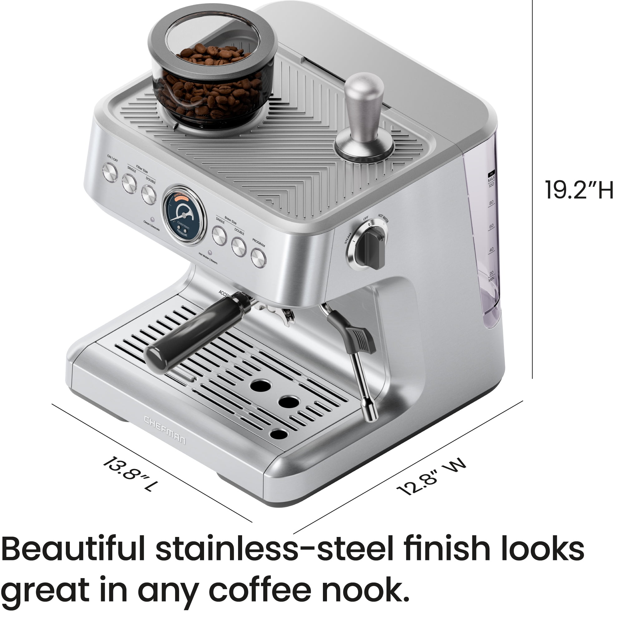 Chefman Crema Supreme Espresso Machine with Conical Burr Grinder and Steam Wand, Stainless Steel