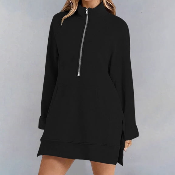 Black Womens Fall Tops Women'S Solid Color Half Zipper High Neck Long Sweatshirt Fashionable and Simple Slit Loose Pocket Sweatshirt Sweaters for Women