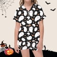 thumbnail image 2 of LIIPEE Girls Halloween Pajamas Cute Cartoon Graphic Print Short Sleeve Flat Collar Button Down Shirts And Shorts Sleepwear 2 Piece Set Kids Comfortable Holiday Party Nightwear,4-5 Years, 2 of 4
