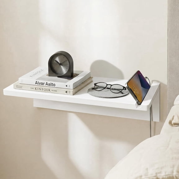 Gronda 16" Floating Nightstand, White Bedside Table Wall Mounted, Pine Wood Hanging Shelf with Phone Slot, Modern Shelves for Bedroom Small Space
