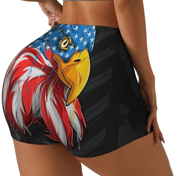 Fotbe Eagle Head With American Flag Shorts Sin Costuras – Shorts Deportivos de Cintura Alta para Mujer, Elásticos para Gimnasio, Yoga, Running o Ciclismo-X-Large